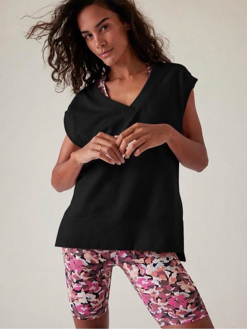 Athleta Sporty Minimalist V Neck Sweatshirt Vest Size S Black Quiet Luxury